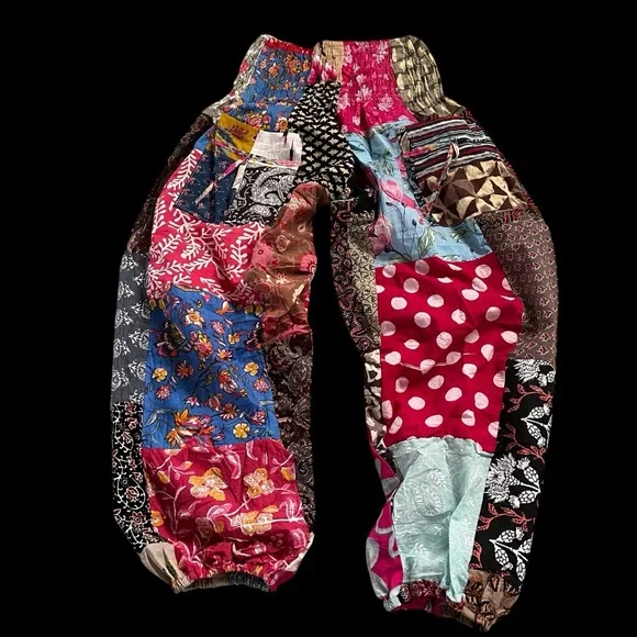 Patchwork Multicolor Joggers Style Pants One Size Boho Hippie Smoked Harem - Picture 6 of 11